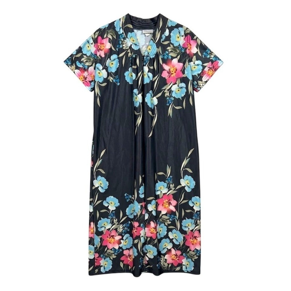 Black Floral Zipper Front Duster House Dress Loungewear Nightgown MEDIUM